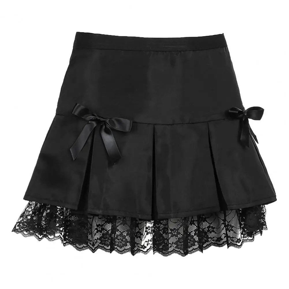 

New Stylish Women High Waist Ruffled Mini Skirt A-line Sexy Lace Patched Bow Tie Slim Miniskirt Streetwear