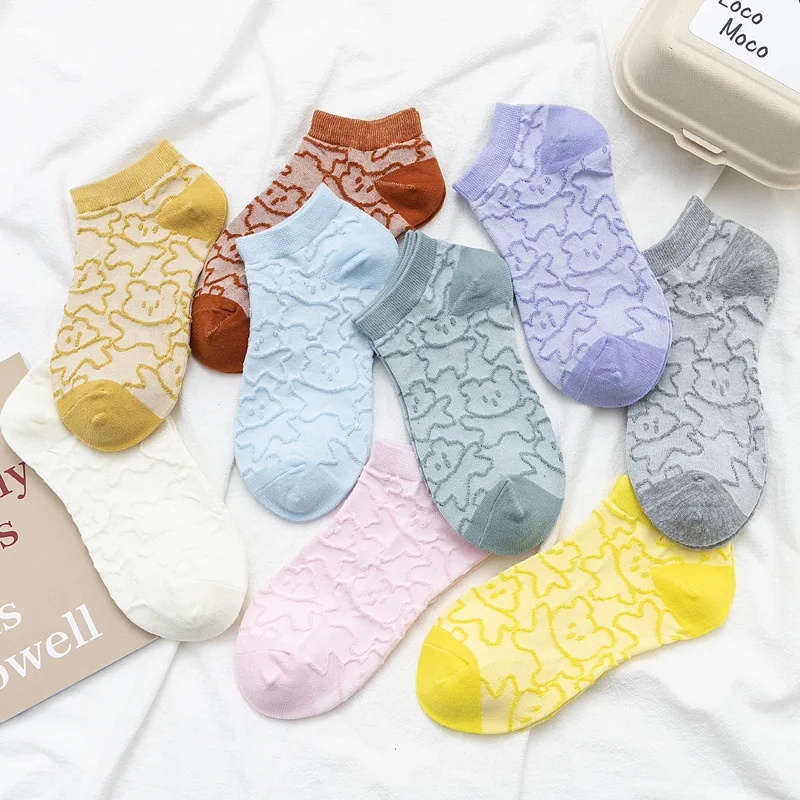 

9Colors Creases Dark Band Streak Lovely Cute Kawaii 3D Bear Spring Women Ankle Short Socks Solid Knit Purl Stitch Reverse Weave
