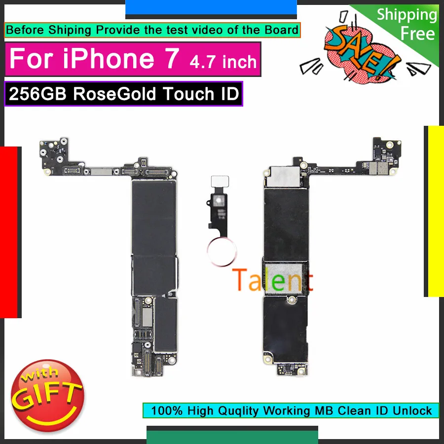 

For IPhone 7 Motherboard 256GB RoseGold Touch ID Home Button Unlocked Original Mainboard Good Logic Board Tested Full Functions
