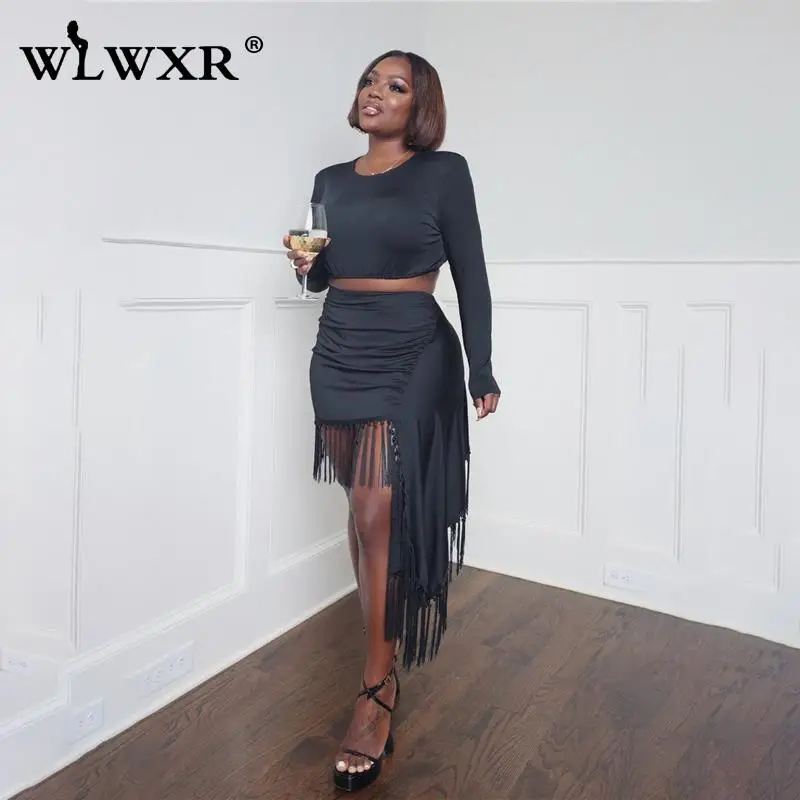 

WLWXR Осенняя уличная одежда, черный комплект из двух предметов с мини-юбкой, женский короткий топ с круглым вырезом и асимметричное платье с бахромой, костюмы