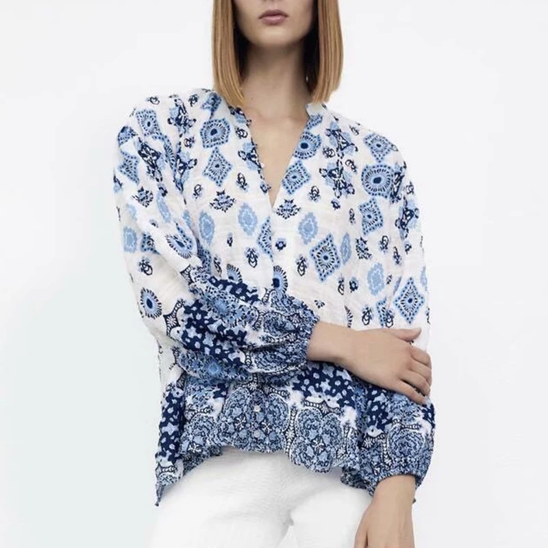 

Женская Свободная блузка ZA, однобортная Повседневная рубашка оверсайз с круглым вырезом и длинным рукавом-фонариком, 2021