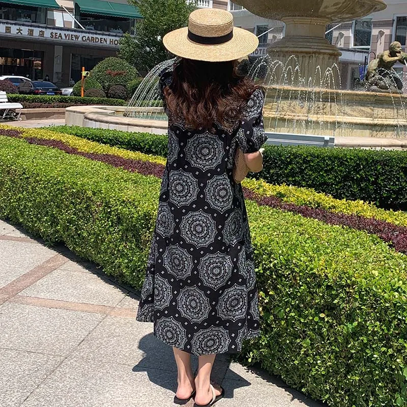 

Kimotimo Vintage Print Dress Women Summer Folk-custom Square Collar Single Breasted Korean Loose Long Puff Sleeve Dresses Femme