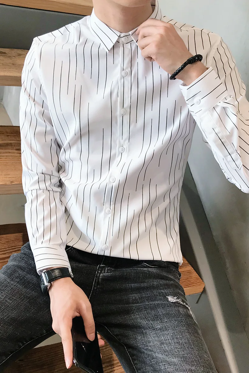 Осенняя Новинка рубашка в Вертикальную Полоску мужская с длинным рукавом
