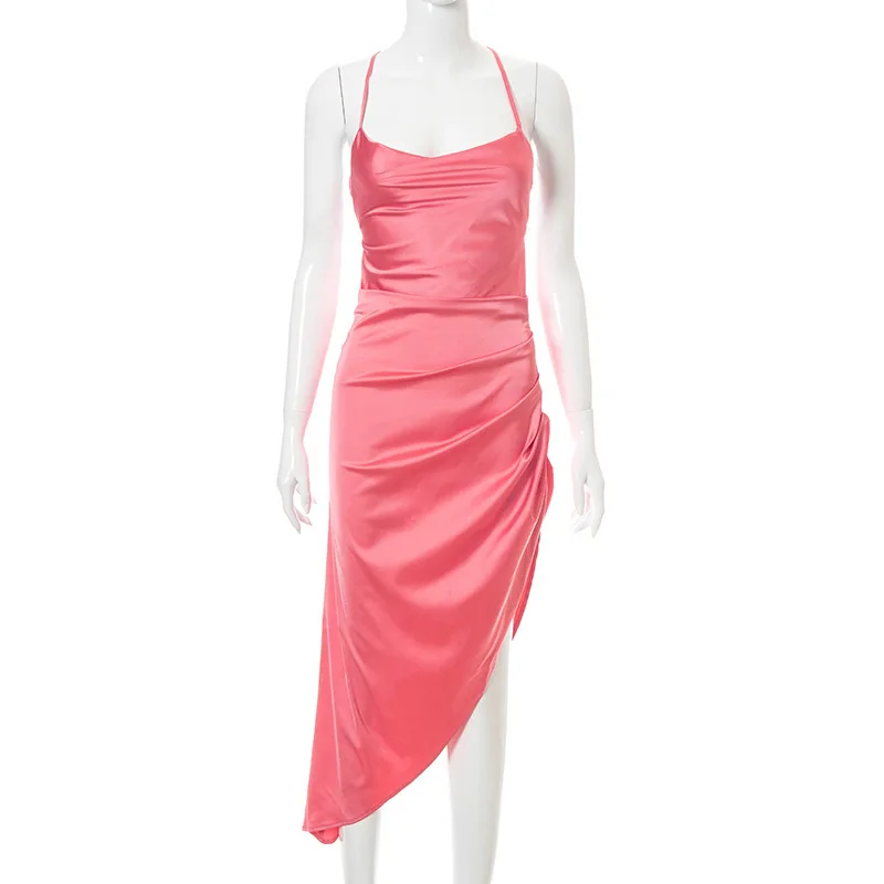 

JULISSA MO Backless High Split Satin Midi Dresses 2021 Women Spaghetti Strap Ruched Sexy Dress Ladies Elegant Partywear Vestidos