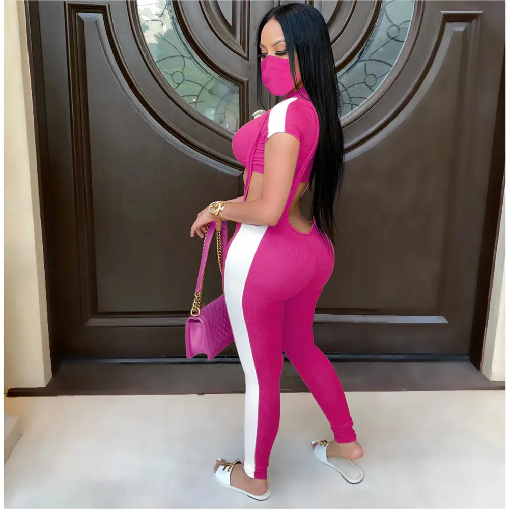 Wjustforu 7 Color Sport Patchwork Two Piece Set Women Crop Tops + Overalls Leggings Casual Skinny Sexy Tracksuit Clothes |