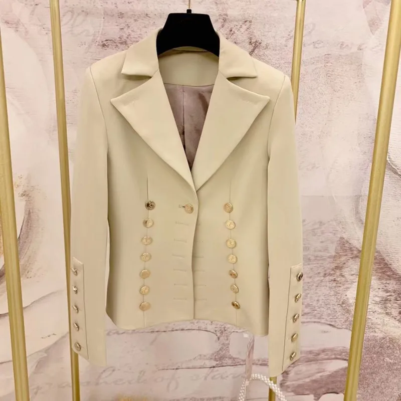 

[DEAT] Notched Collar Elegant Temperament Double Row Metal Buckle Waist Short Suit Coat For Women 2021 Spring And Summer GX1007