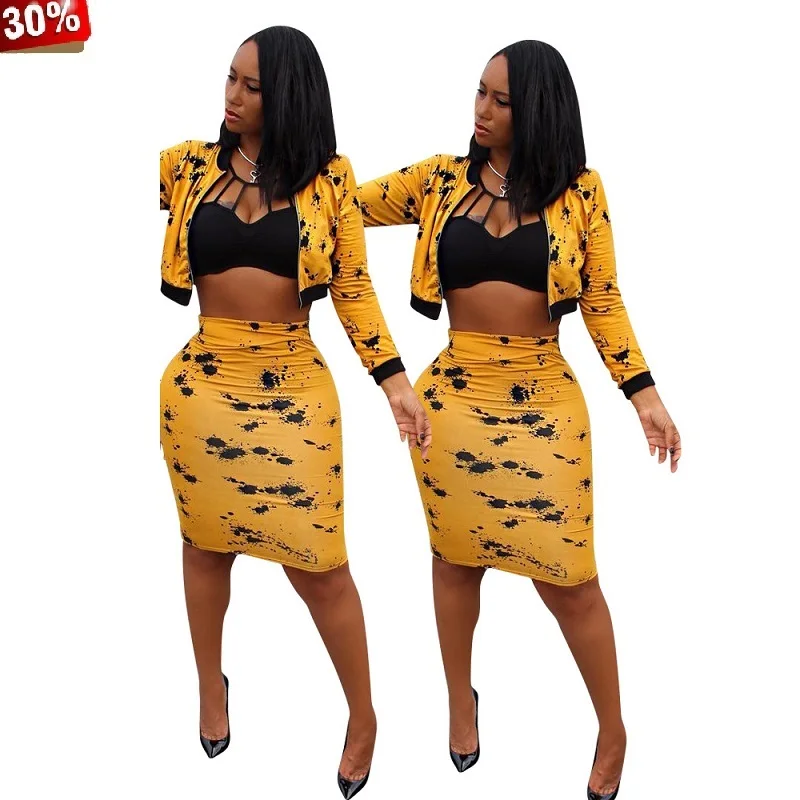 Комплект из топа и юбки с длинным рукавом принтом короткая облегающая юбка миди