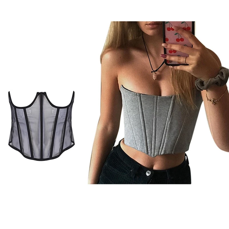 

1 Pcs Women Bandage Corset Waist Shapewear Black M & 1 Pcs Sexy Fishbone Chest Tube Top Gray S