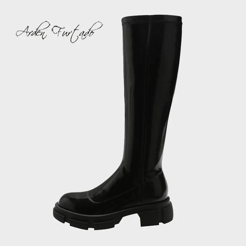 

Arden Furtado Winter Fashion Women's Shoes Sexy Chunky Heels Block Heels Round Toe Knee High Boots shiny leather boots 40