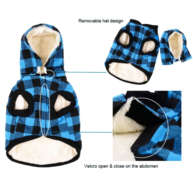 Зимняя флисовая одежда для собак с капюшоном куртка клетчатая ткань пальто