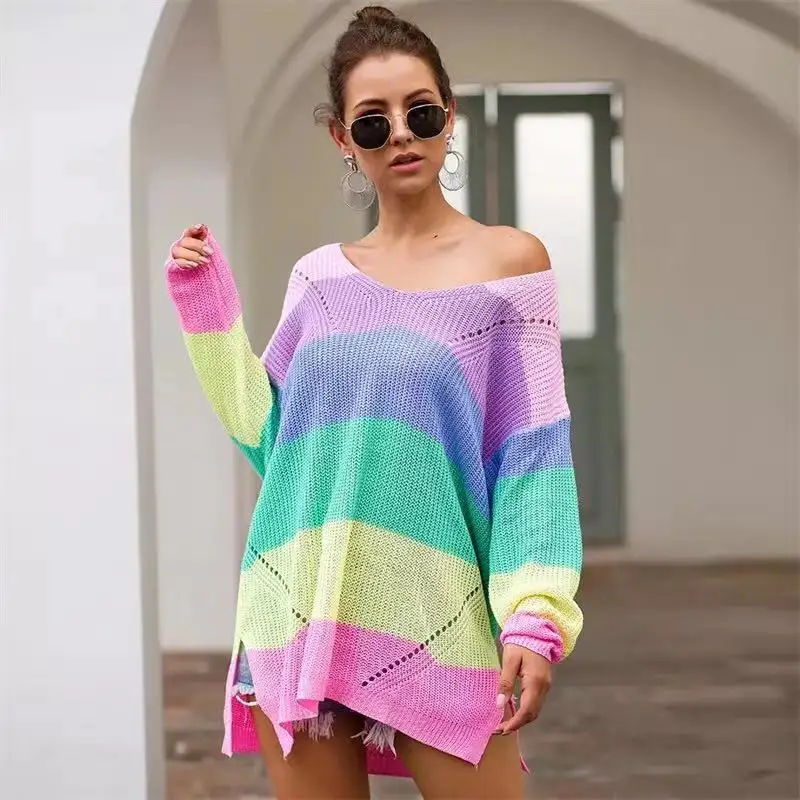 

Autumn Winter Pullover Striped Female Clothes Casual Plus Size Multicolor Knitted Oversize Rainbow Sweater for Womens