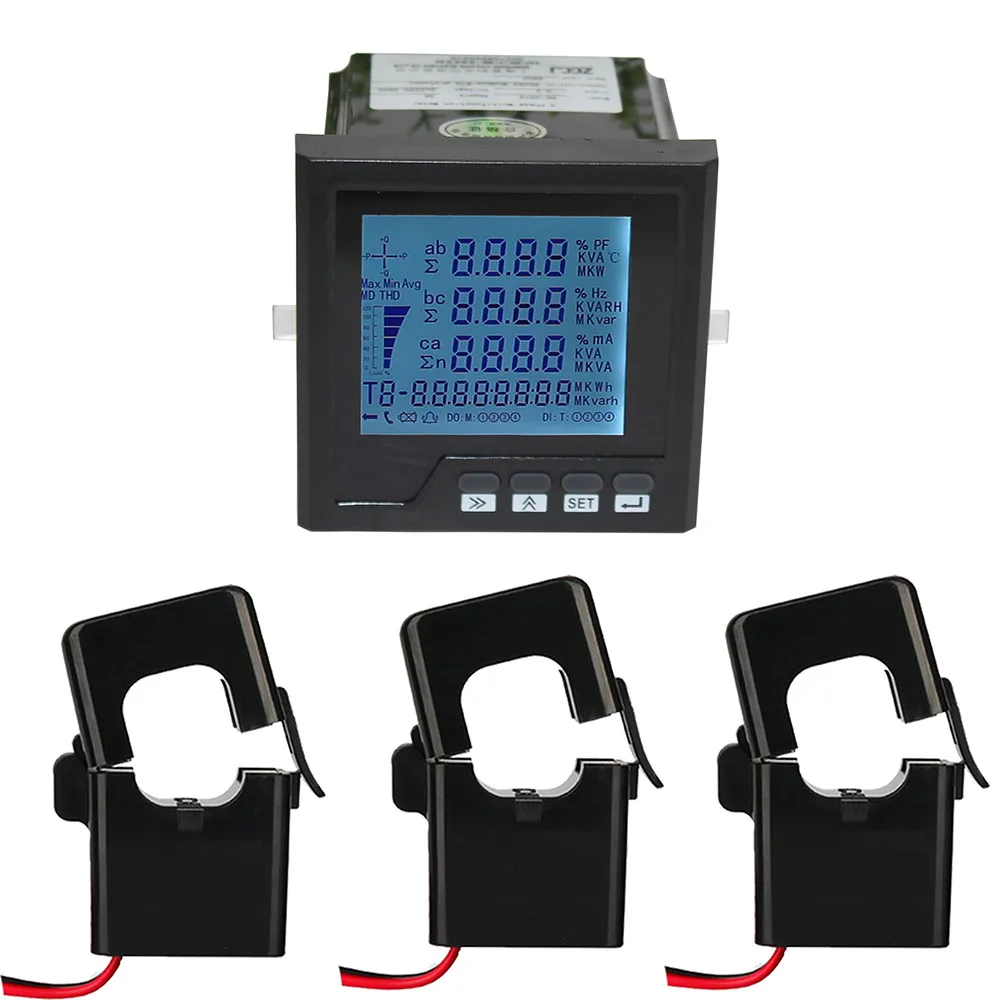 3 phase electricity meter with ampere sensor coil LCD A,V,W,kWh,cos, Hz, Var with RS485 multifunction electric panel meter