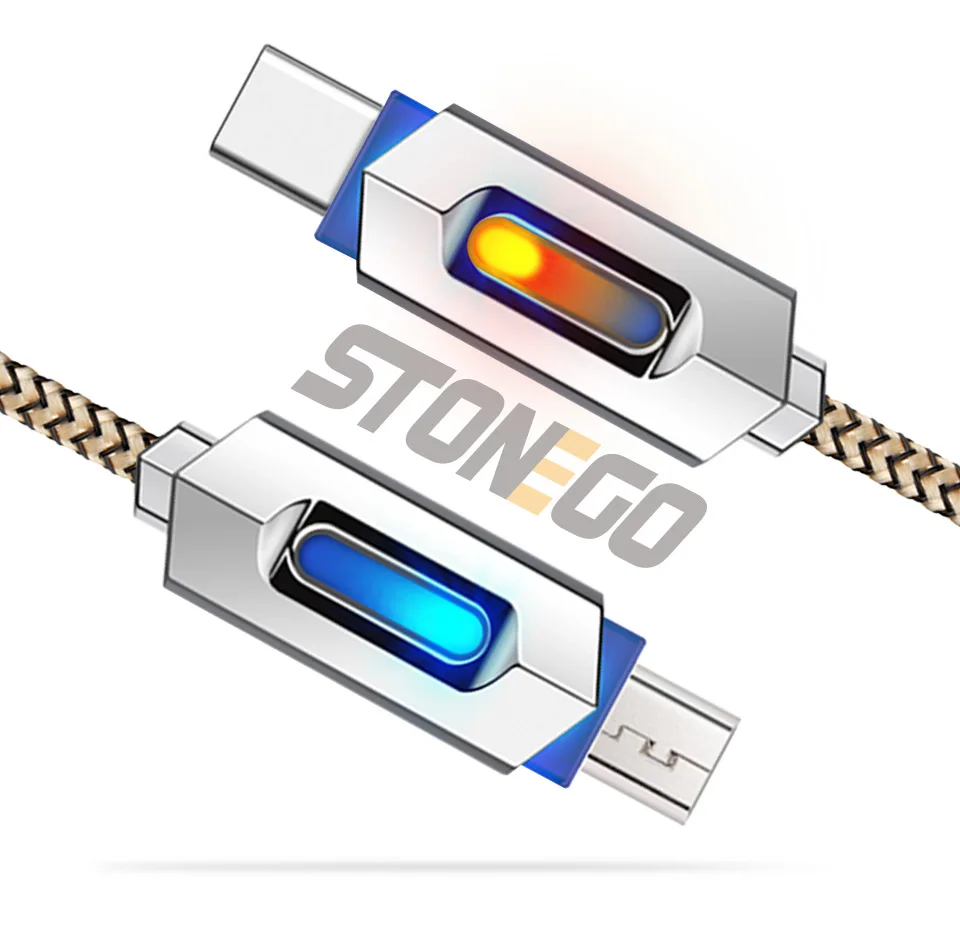 STONEGO светодиодный кабель с индикатором usb type C и Micro USB Кабель-адаптер с нейлоновой оплеткой кабель для синхронизации данных и зарядки 0,5 м 1 м 2 м 3 м