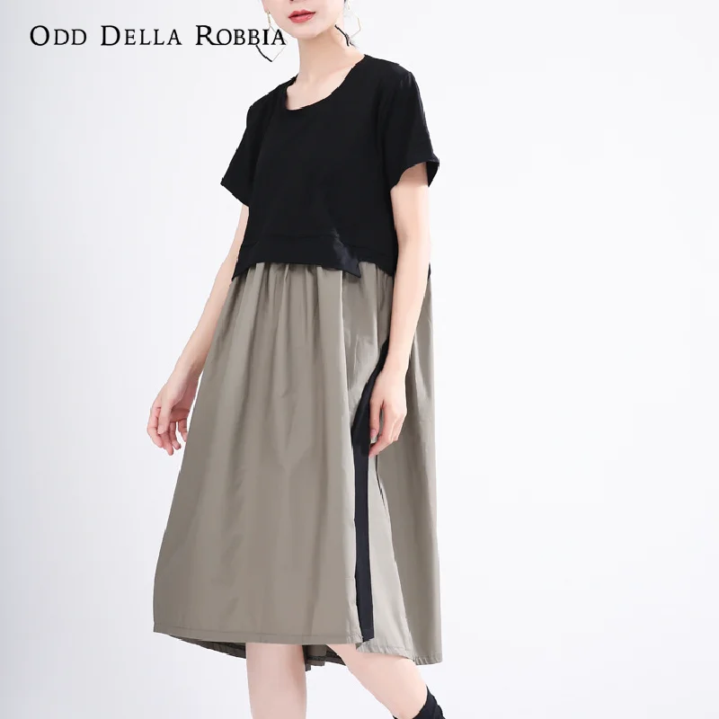 

OddDellaRobbia Summer 2021 Women Personality Contrast Stitching Loose Short-Sleeved A-Line Skirt Mid-Length Dress Streetwear1325