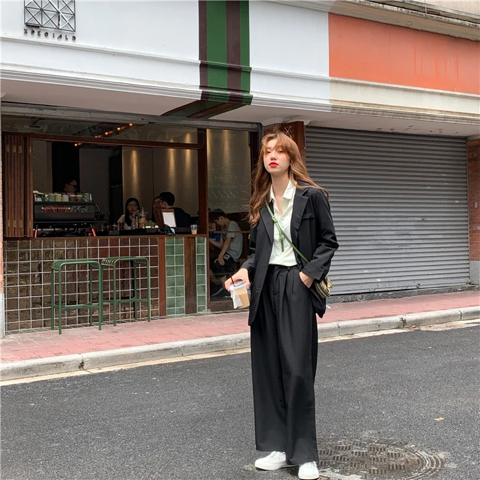 HziriP Autumn All Match Office Lady OL Style Solid Elegant Blazer+Straight Casual Loose Trouser Women Suits 2 Piece Sets