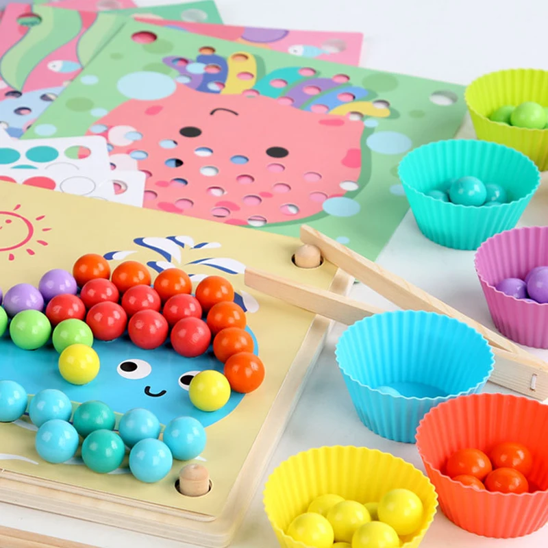

Wooden DIY Elimination Bead Clip Bead Fine Motor Training Board Game Montessori Sorting Toy Color Stacked Match Educational Toys