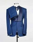 Мужской смокинг с большими лацканами синего цвета, Свадебный костюм для жениха, мужской облегающий костюм из 3 предметов, блейзер + брюки + жилет