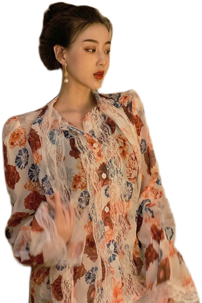 

SuperAen French Retro Lace Patchwork Tie Bow Full Shirt Womens Tops