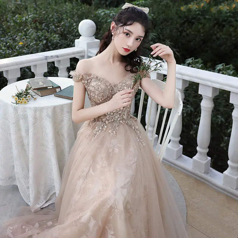 

Sexy Prom Dresses 2021 V-neck Sleeveless Backless Tulle Dresses Women Party Night Floor-length Champagne Evening Gown Custom