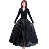 high quality notched collar folds dress ladies spring autumn2022new fake two piece long sleeved black long knitted lace dress