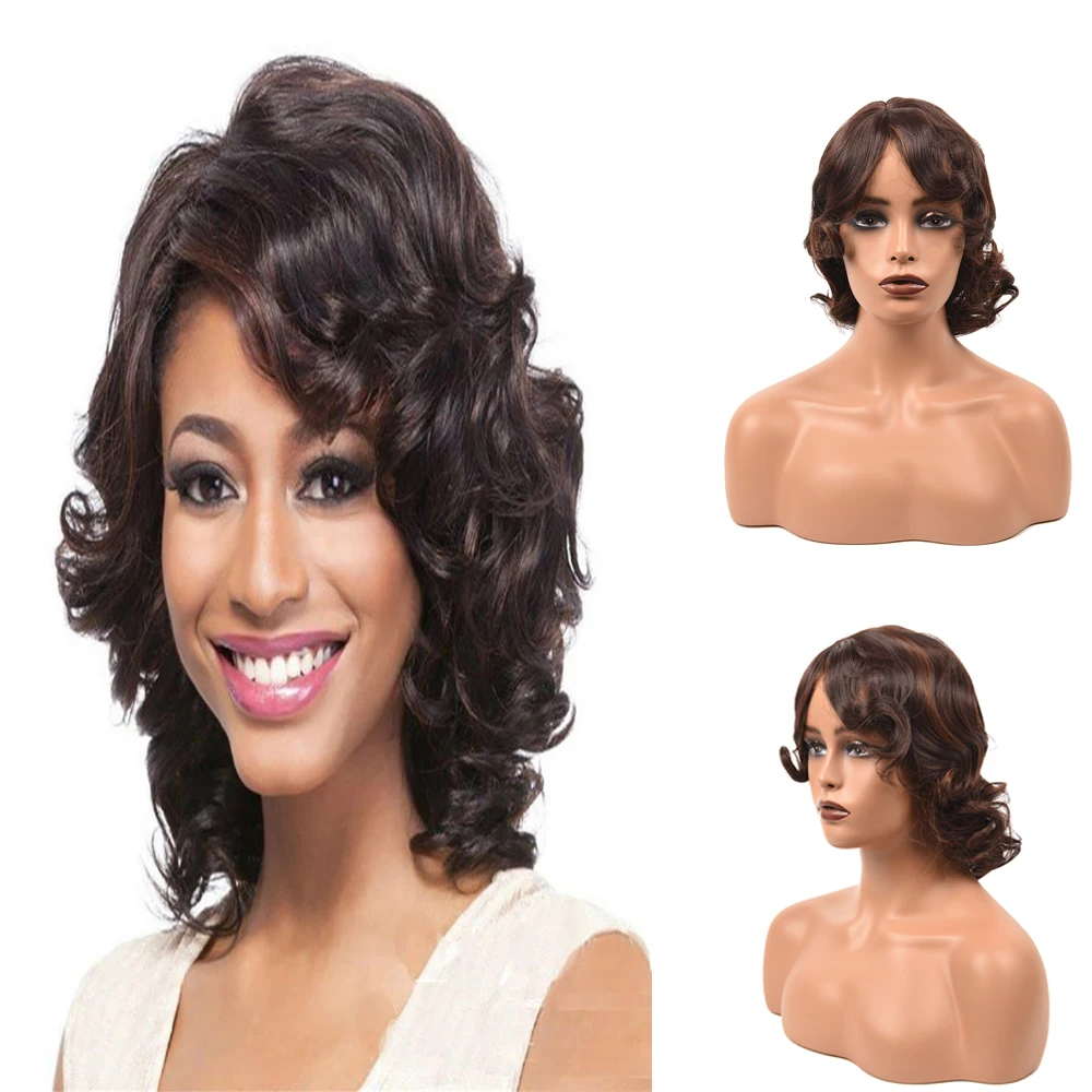 

Женский короткий темно-коричневый волнистый парик, синтетический парик с боковой частью и челкой, для ежедневного использования, для вечеринки, для женщин, с естественным внешним видом