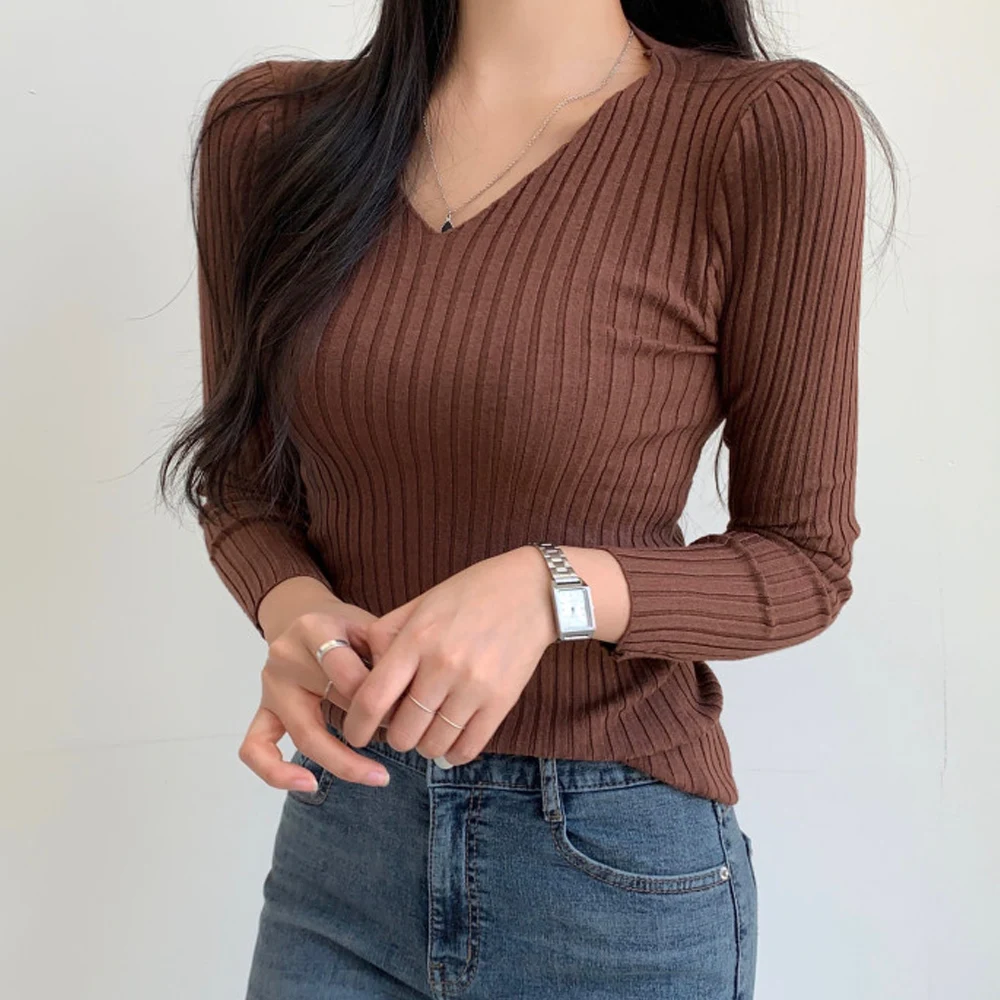 

Женский свитер, сезон осень-зима, повседневный вязаный пуловер с V-образным вырезом, свитеры с длинным рукавом, высокоэластичные облегающие ...