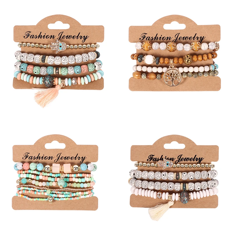 

Vintage Ethnic Multilayer Big Multicolor beads Bracelets Set Boho Statement Evil Eye Bracelet Bangles For Women Fashion Jewelry
