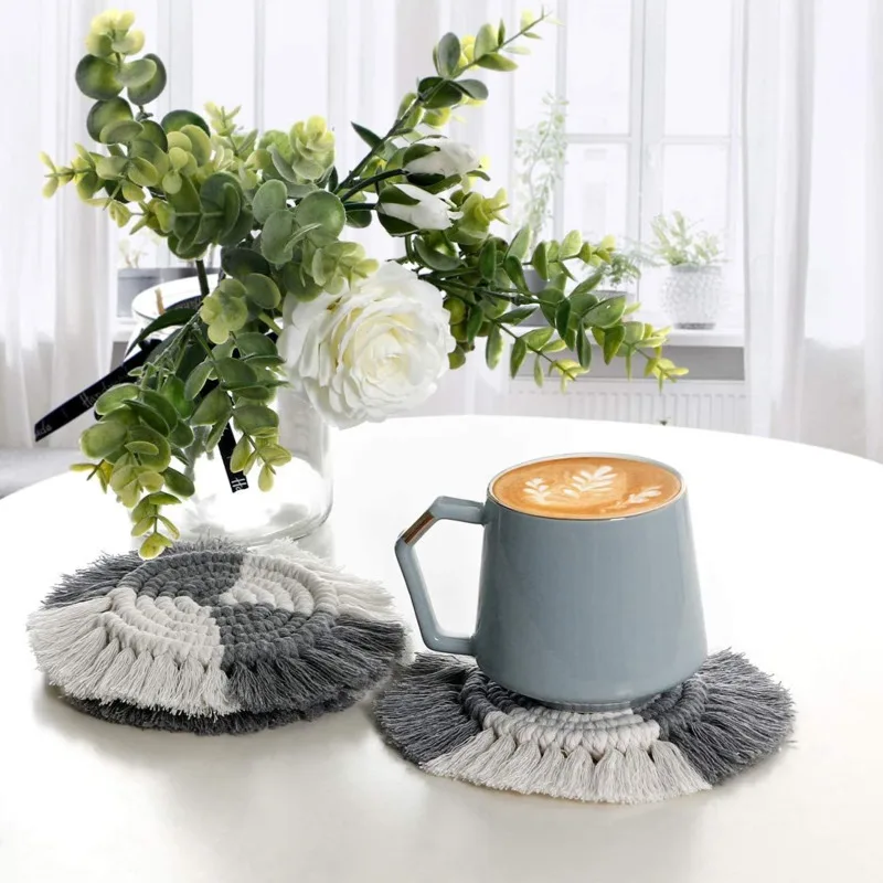 

Coasters for Drinks Macrame Coasters 4 pieces Round Woven Absorbent Coasters Set with Tassels Boho Coasters Heat