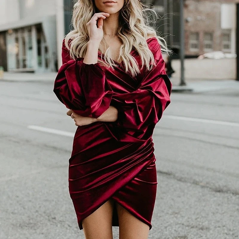 

Corduroy Blue Red Cocktail Dresses Deep V-Neck A-Line Off the Shoulder Ladies Brithday Party Homecoming Prom Evening Gowns 2021