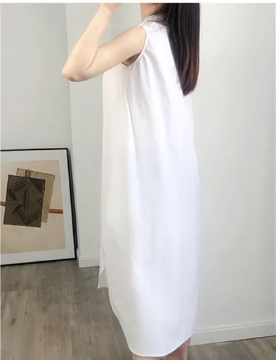 

White or Black Women Midi Dress Cotton Sleeveless Irregular Solid Color Female Shirt Dresses 2020