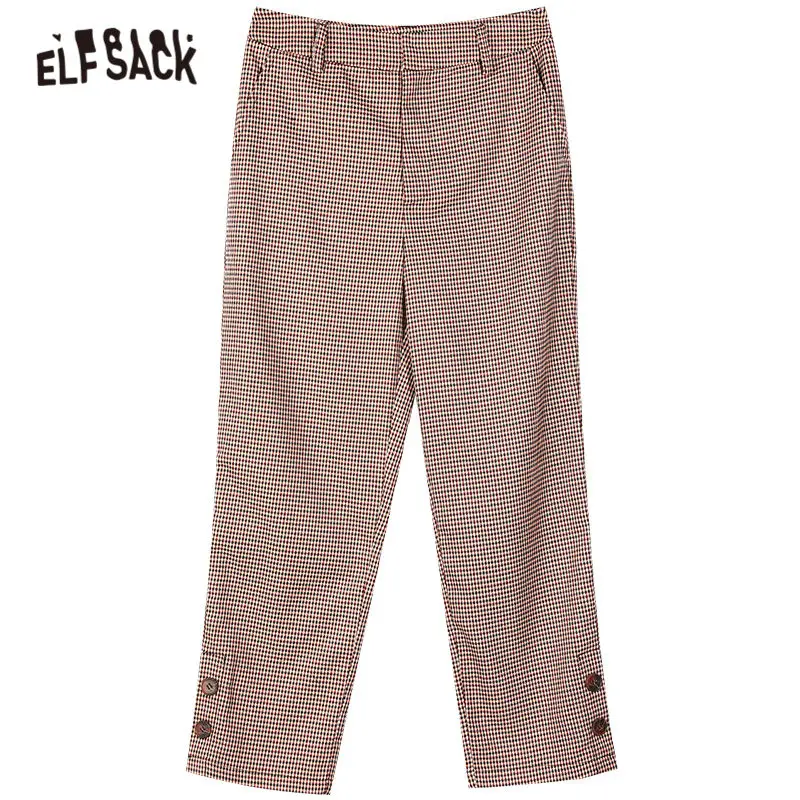 

ELFSACK Plaid British Straight Smart Casual Women Pants,2020 Autumn Vintage High Waist Chic Button,Korean Ladies Daily Trouser