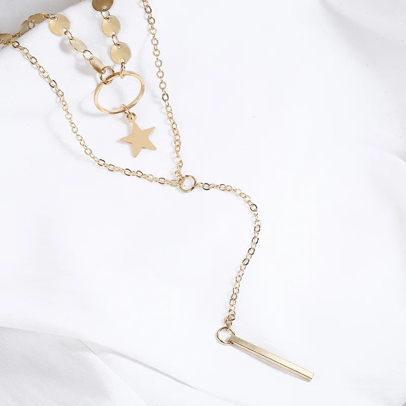 

Gold Double Layer Sequin Pendant Necklace Women Street Style Star Tassel Necklace Fashion Wedding Accessories Jewelry