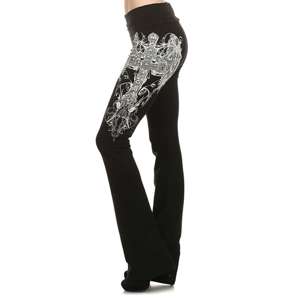 

Summer Women Pants Casual Trousers Black Printed Mid Waist Flare Bottom Slim Fitness Female Ladies New Fashion Pants Streetwear