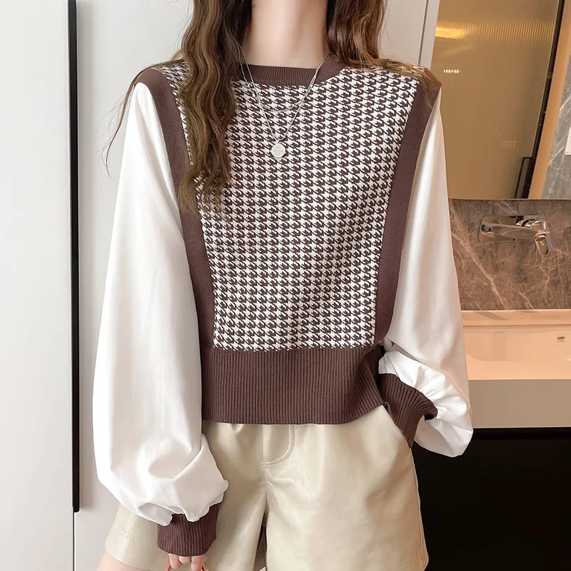 

Houndstooth Knitted Sweater Women Tops Pullover loose Puff Long Sleeve Patchwork Female Autumn Blouse Casual Streetwear 2022