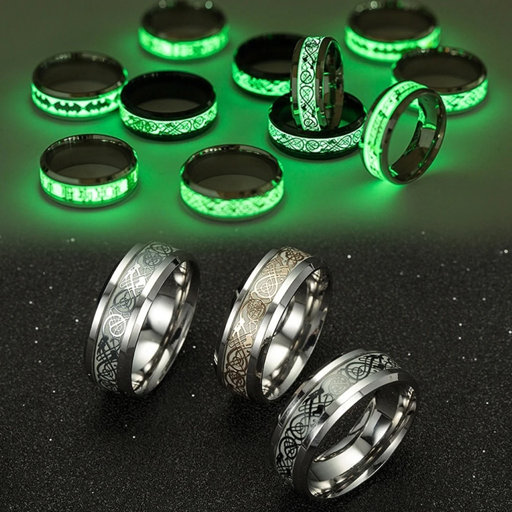 Luminous Dragon Ring Black Fashion Man Minimalist Stainless Steel Ring Glowing Ring couple in the Dark Jewelry Black domineering