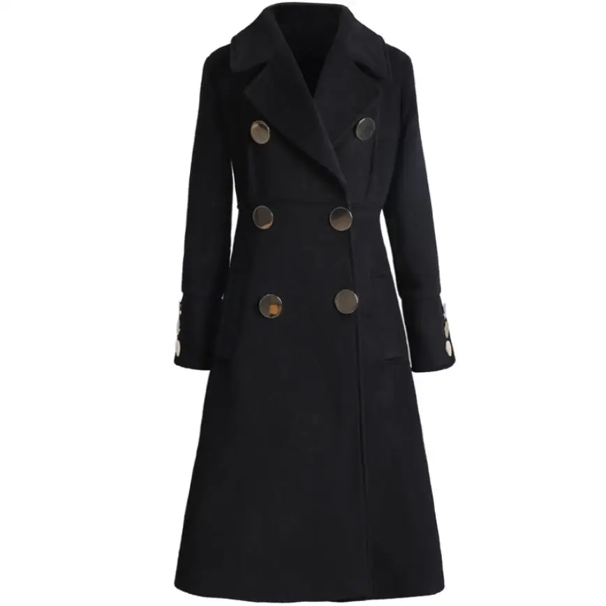 

autumn and winter new fashion slim woolen coat women long section black double breasted wool blends