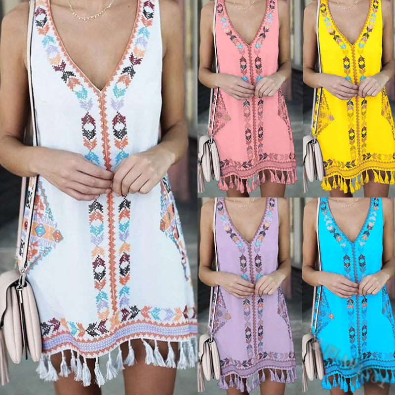 

Ethnic Style Print Hem Tassel Sleeveless Summer Ladies Plus Size Dress A-line V-neck Loose Waist Pullover Women Short Dresses