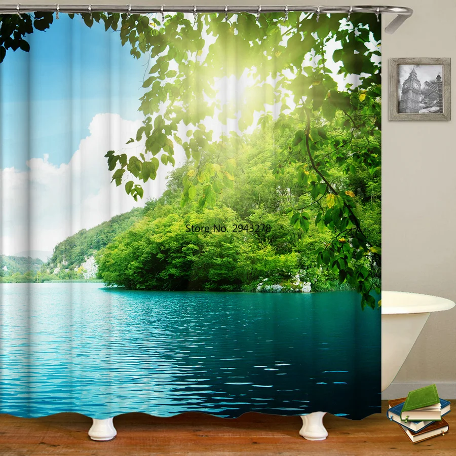 

Beach Sea wave Bathroom Curtain Shower Curtain 3d Curtains with Hooks Fabric Forest Scenery Waterproof Funny Bath Curtain Or Ma