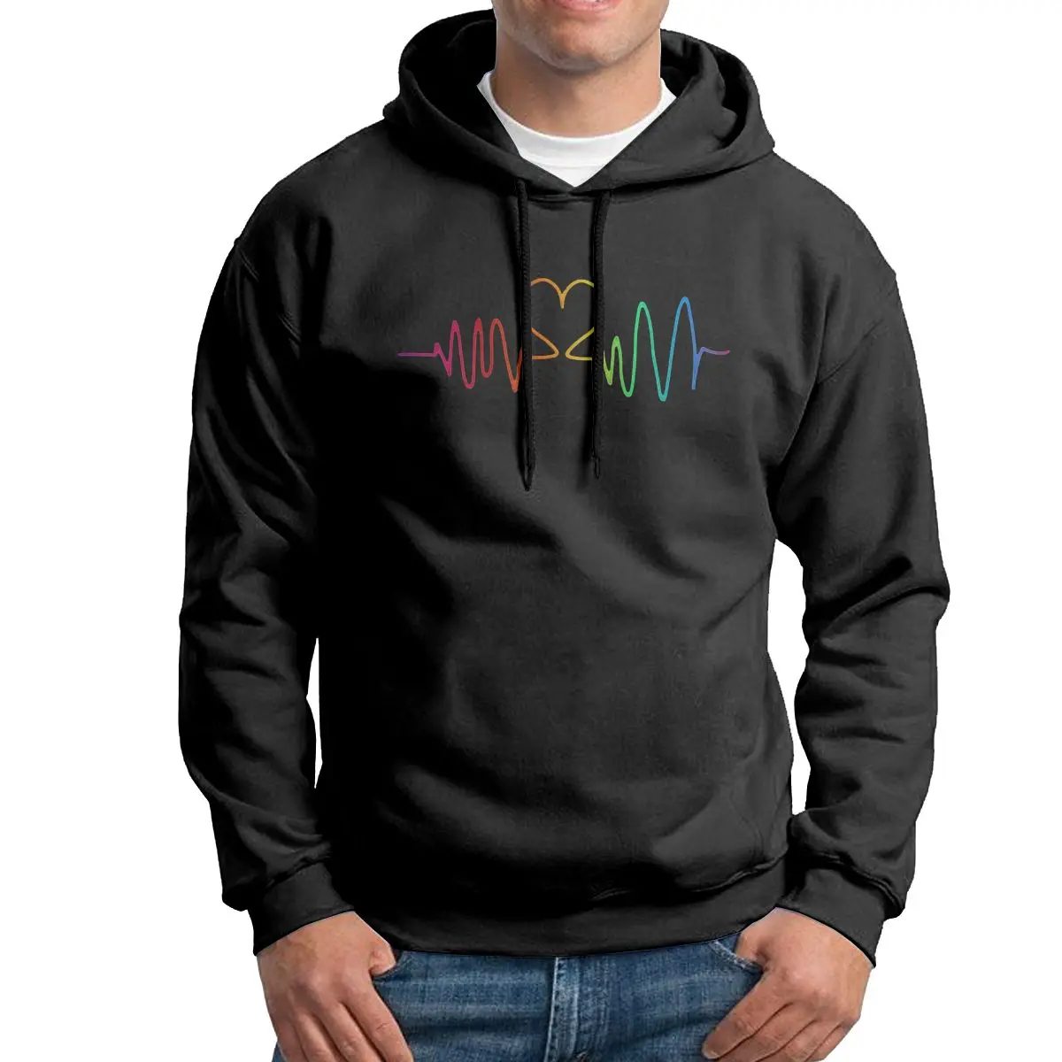 

Men Rainbow Heartbeat Hoodie Birthday Present Cotton Hooded Sweatshirt Funny Hooded Tops