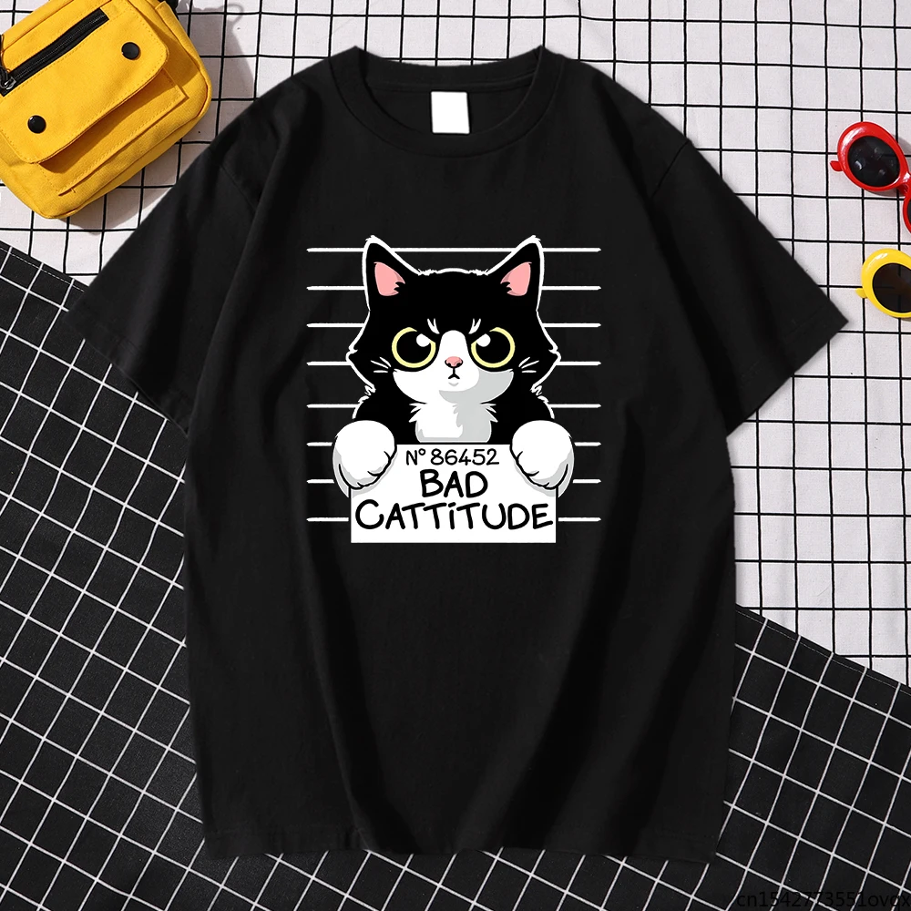 

Kawaii Bad Cattitude Cat Prisoner T Shirt Cool Ptinted T Shirts Street Funny Short Sleeve Top Men Rock Tshirt Tee