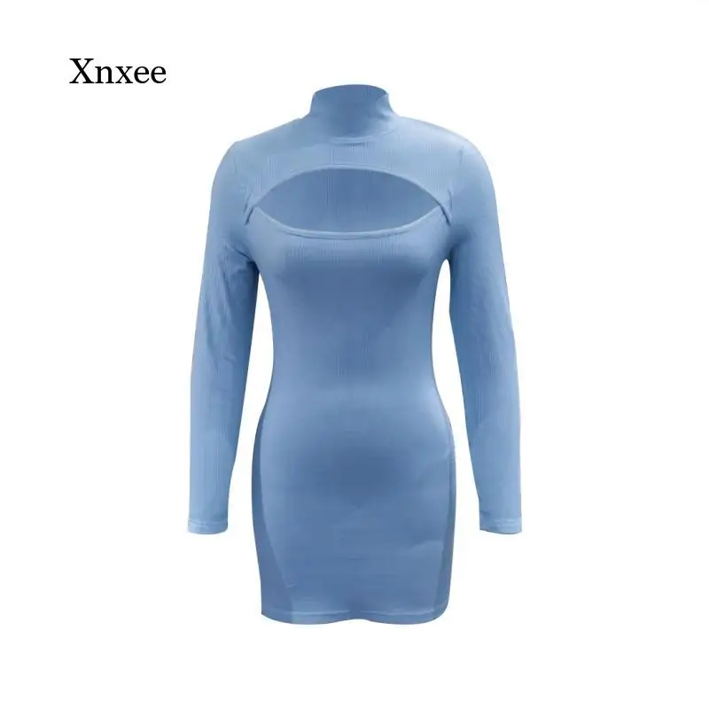 

Spring and Autumn Women's Fashion Dress Slender Women Short High Waist Long Sleeve Hollow Top Sexy Stretch Side Split Skirt