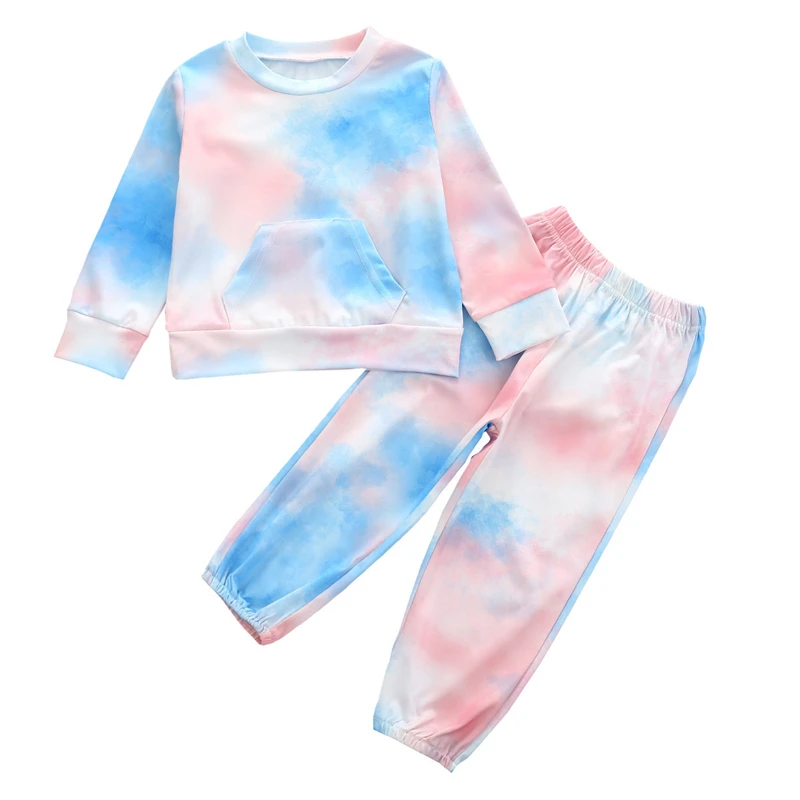 Primavera oto&ntilde;o ni&ntilde;o ni&ntilde;os ch&aacute;ndal de beb&eacute; establece beb&eacute; ni&ntilde;os lazos para ni&ntilde;as-dye impreso de manga larga Tops pantalones trajes casuales 0-5Y-5