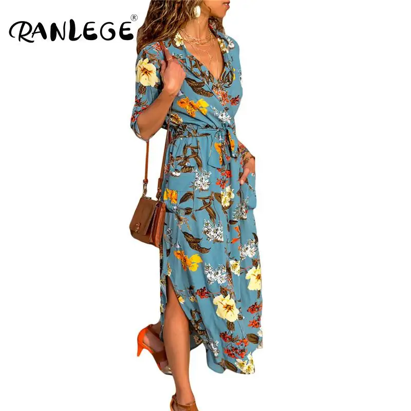 Женское осеннее платье RANLEGE в стиле бохо Пляжное с цветочным принтом сексуальное
