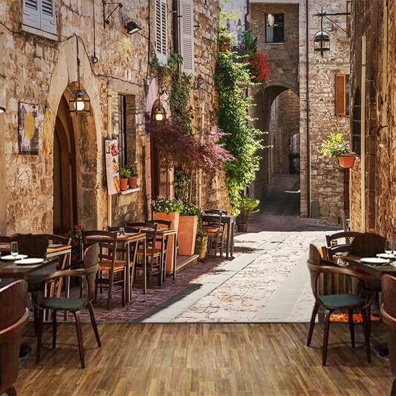 

3D Wallpaper Retro Street View Photo Murals Restaurant Cafe Background Wall Decor European Style Waterproof Canvas Wallpapers 3D