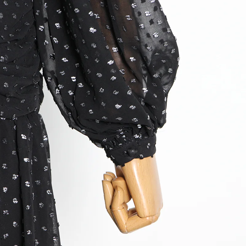 

TWOTWINSTYLE Dot Patchwork Diamond Dress For Women V Neck Lantern Sleeve High Waist Black Midi Dresses Female 2021 Fall Fashion