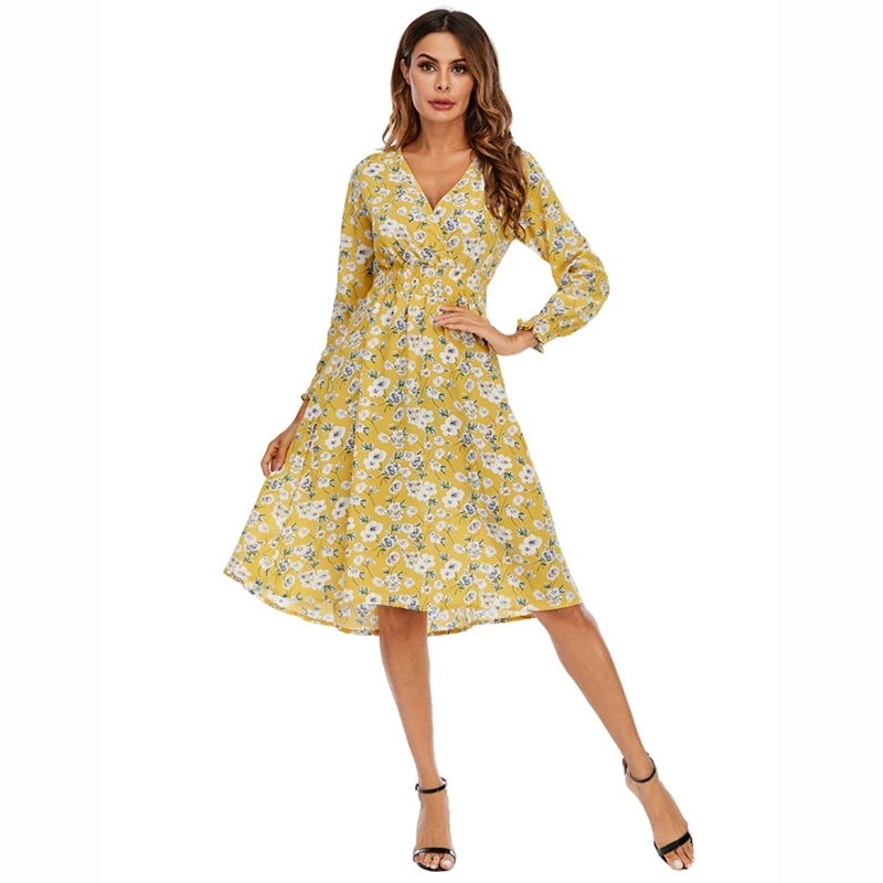 

Vintage Floral Printing Chiffon Dress Summer Women Long Sleeved Dress Retro Casual Slim Dresses