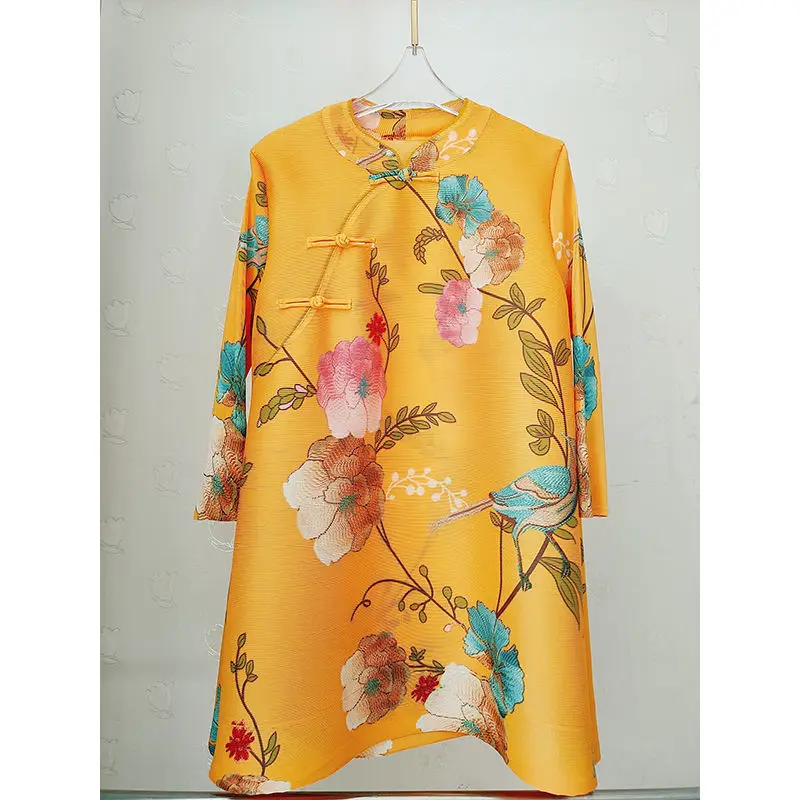 

Женское платье в китайском стиле, плиссированное платье-Ципао с воротником, Новинка лета 2023, модное свободное платье в стиле ретро большого размера