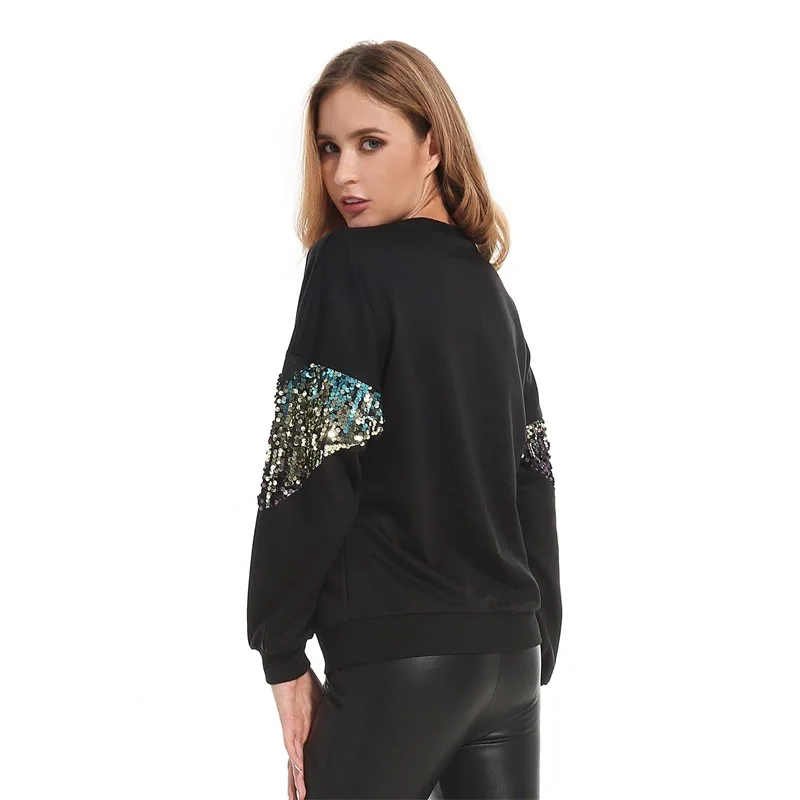 

2020 autumn women o-neck long sleeve sequined black sweatshirts