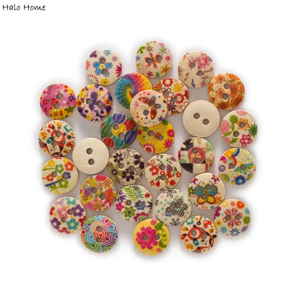 

50pcs Pastoral style Flower Printing Round Wood buttons Sewing Scrapbook Clothing Gifts Crafts Handwork Accessories 11-18mm