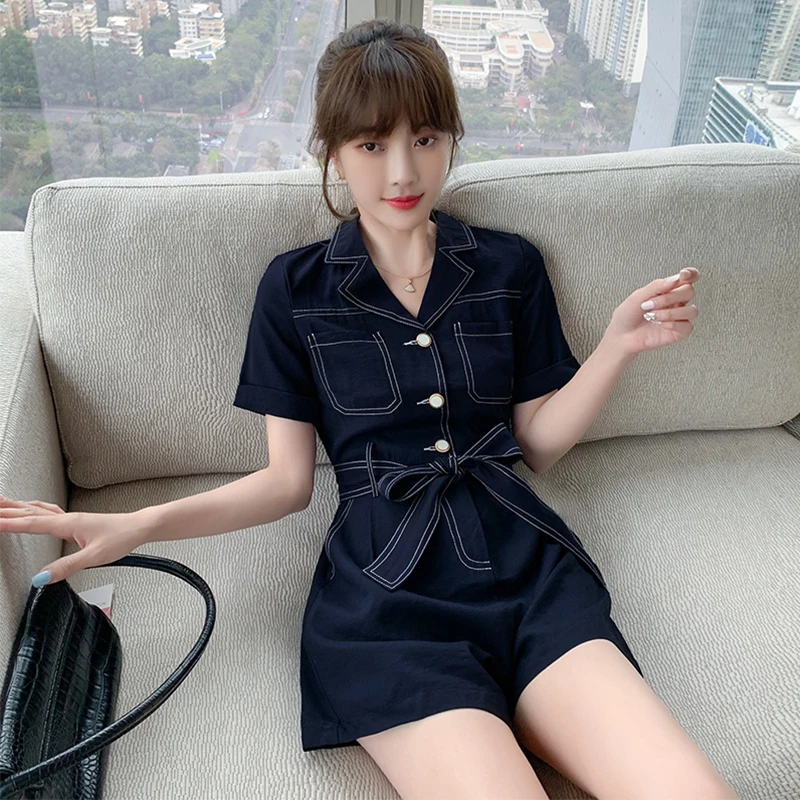 

New Arrival Fashion Summer Playsuits Ladies Comfortable Casual Short Sleeve High Waist Pocket Belt Button Short Romper Jumpsuit